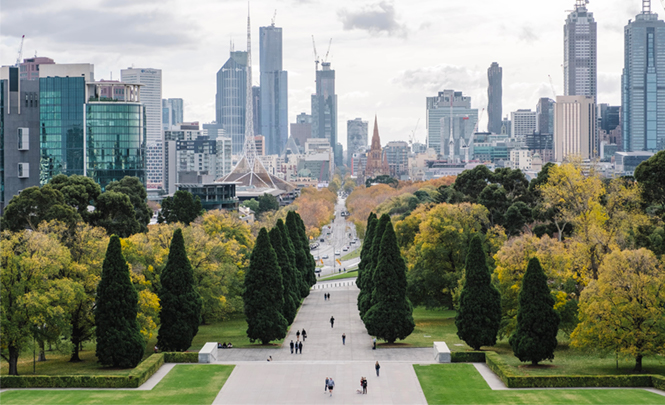 A picture of Melbourne's Skyline from a popular park for Tourists visiting the area